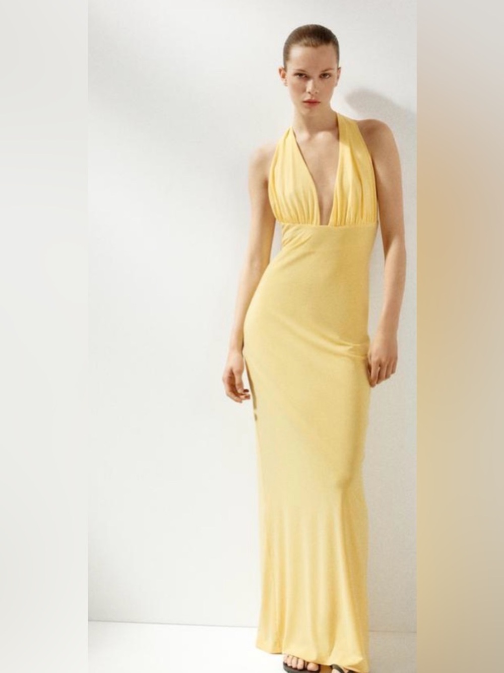 Zara Pale Yellow Tie-Back V-Neck Maxi Dress - Picture 4 of 11